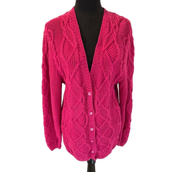 Vintage Lauren Hansen Women's Knitted by Hand Raspberry Pink Cable Knit Cardigan - Picture 1 of 9